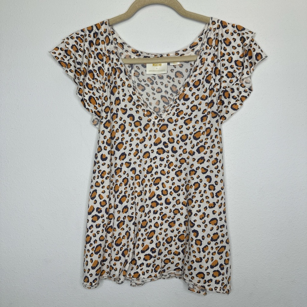Anthropologie Ruffled Leopard Print Blouse Brown Black
